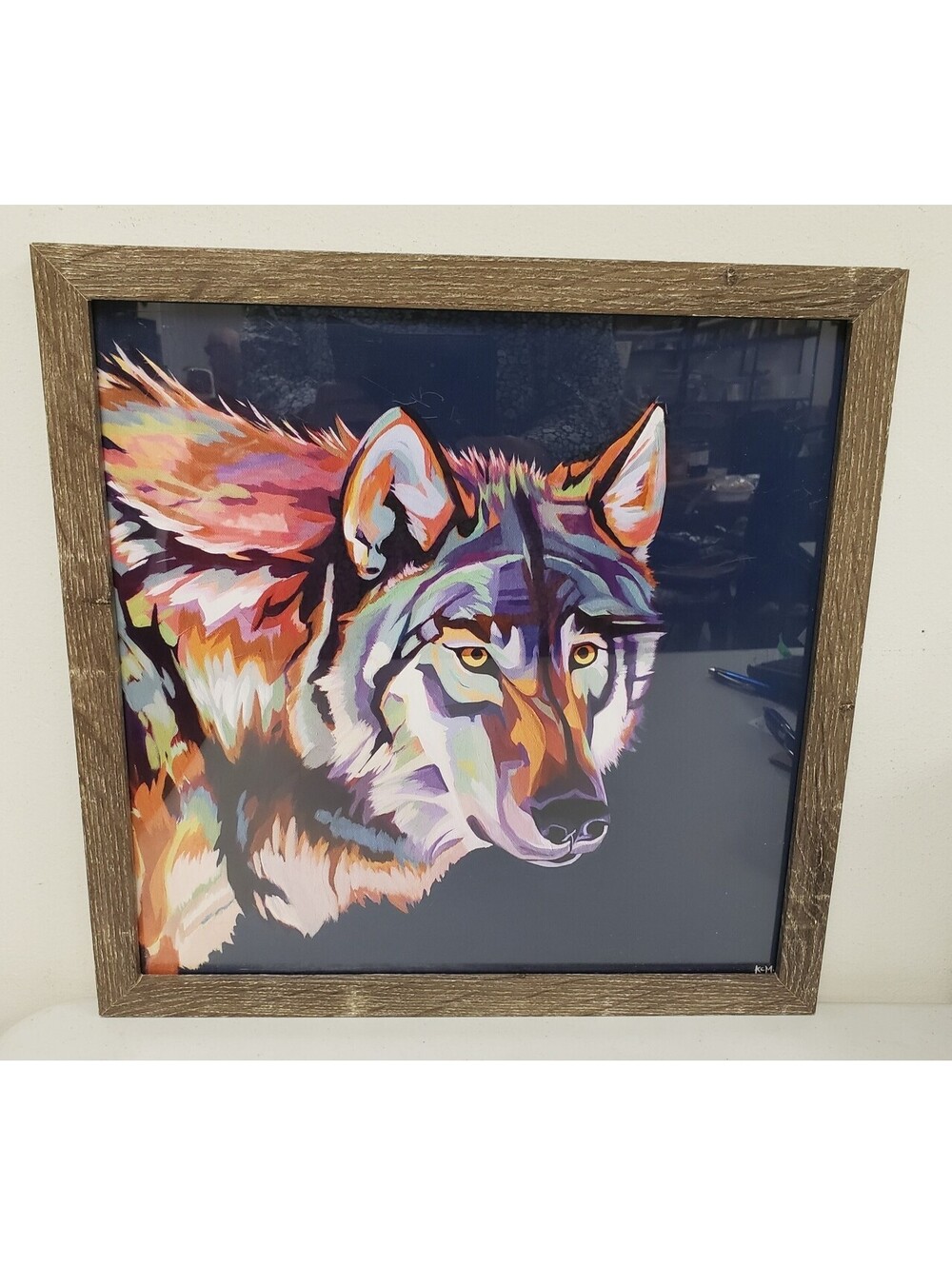 Vintage Hand Painted Colorful Wolf in Rustic Wood Frame 13x13 VG